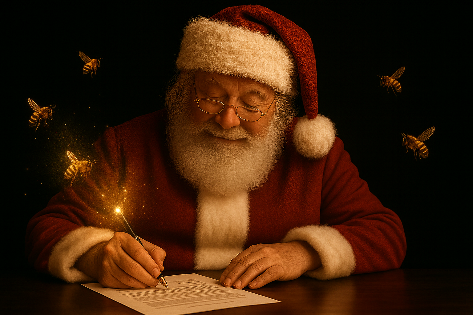 Papai Noel assinando contrato com Frisbie